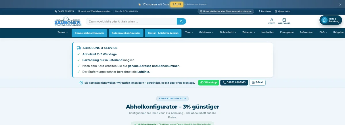 Screenshot des Zaunonkel-Abholkonfigurators im Browser