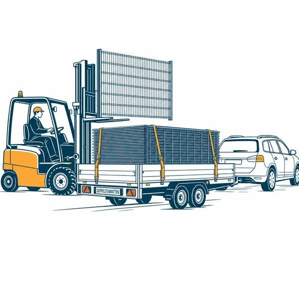 Illustration: PKW mit Anhänger, Doppelstabmatten werden per Stapler verladen